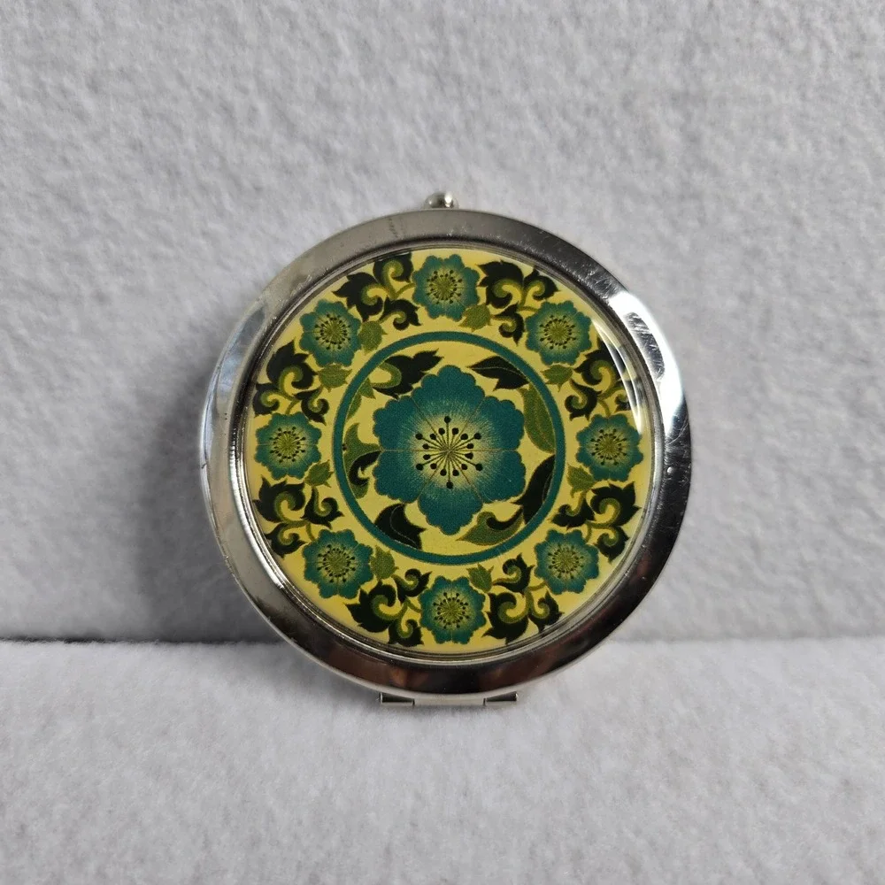 LucyLu Teal Green Floral Mandala Round Compact Mirror Silver Tone